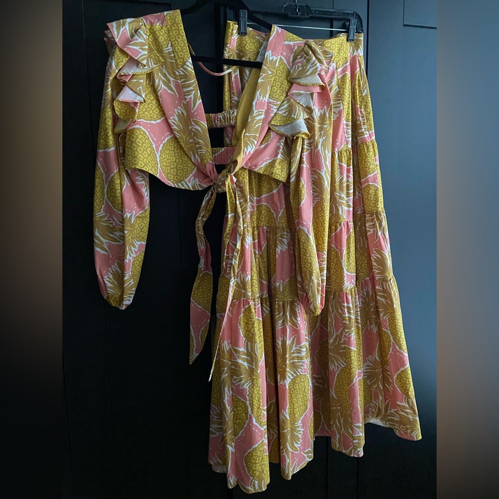 Yellow, pink, and white pineapple, two-piece skirt set